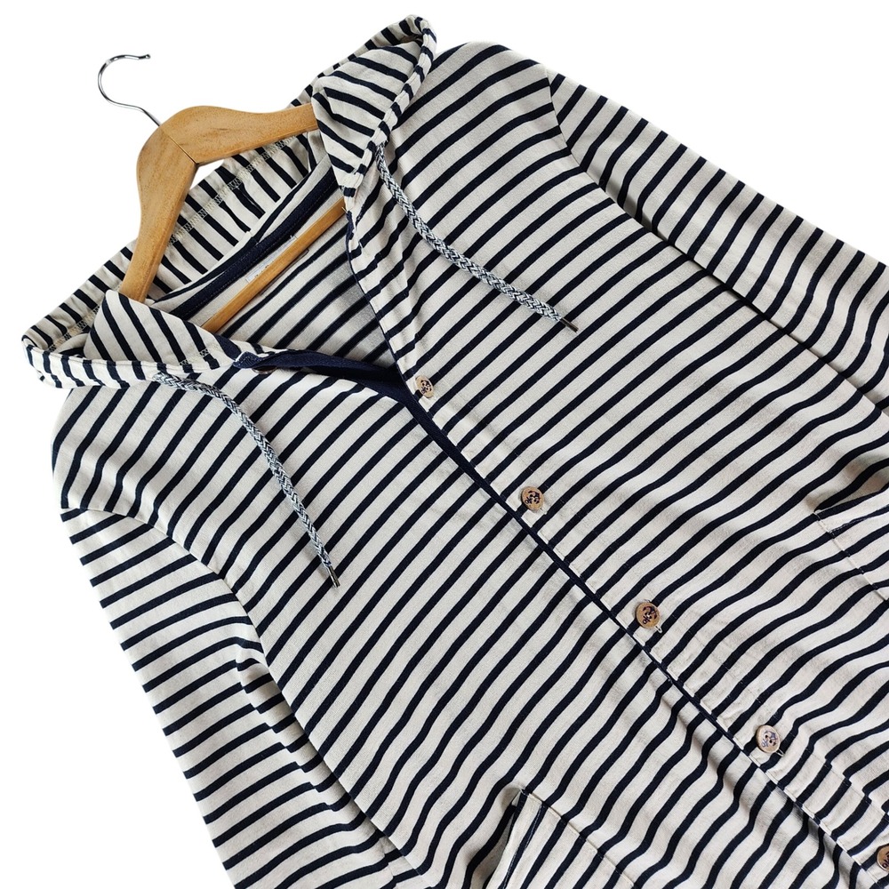 Zara Man Mens L Hooded Cardigan 3/4 Sleeve Navy Stripe 100% Cotton Nautical